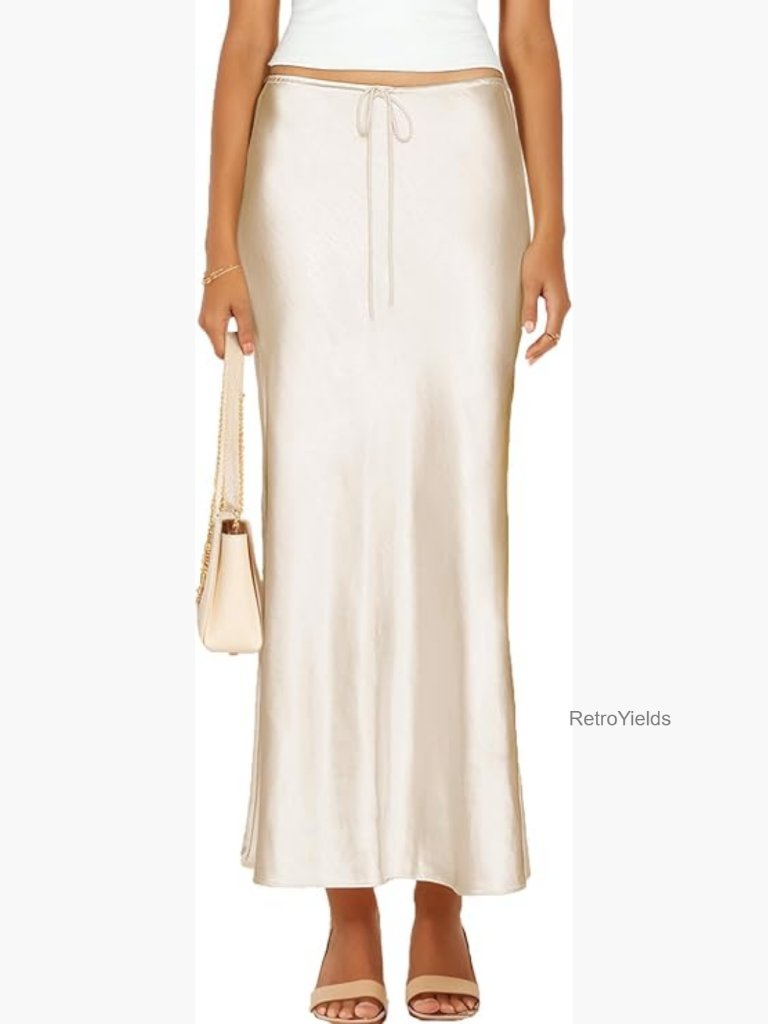 Satin Drawstring Maxi A-Line Skirt Flared Skirt Long Silk Skirt
